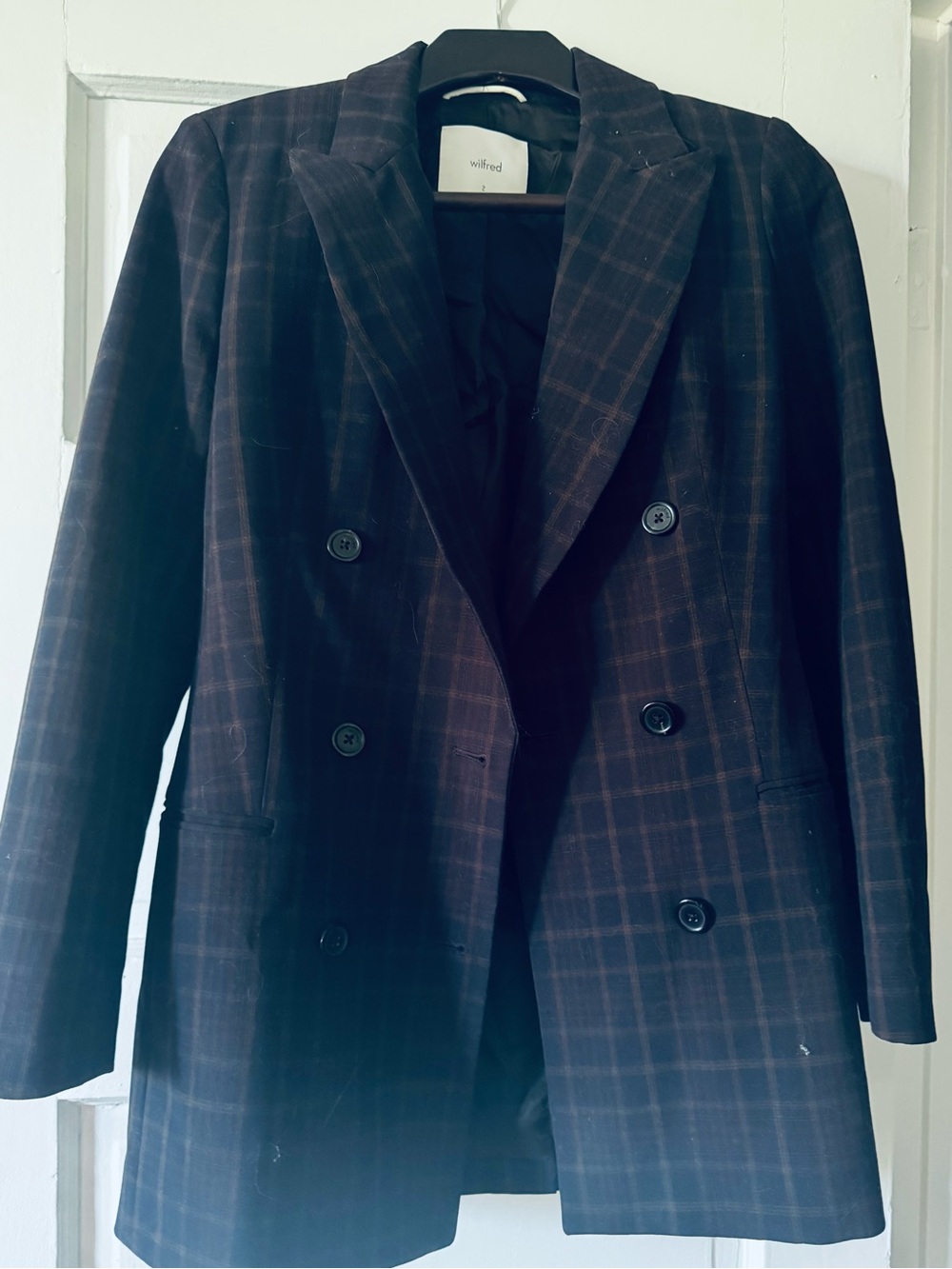 Wilfred Navy and Brown Plaid Double-Breasted Blazer